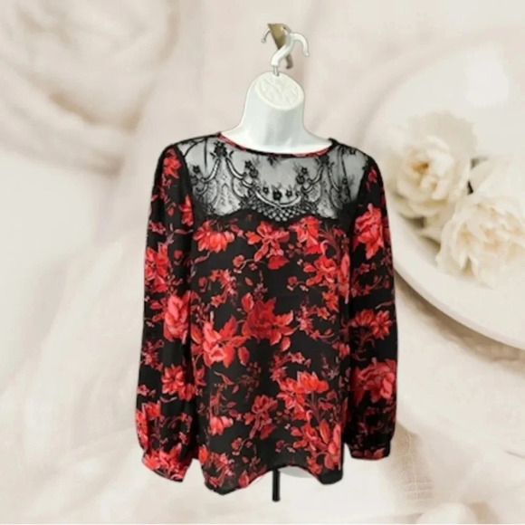 Carmen Marc Valvo Women’s Blouse Medium Floral Red Black Lace Keyhole‎ Romantic - Picture 3 of 16